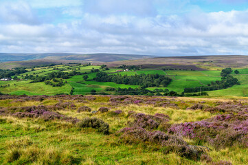 Fototapeta na wymiar View of the North York Moors at Blakey Ridge on a cloudy morning with a view to distant hills across fields