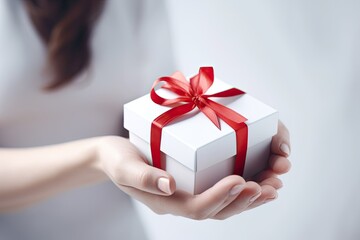 Close-up of a woman's hand holding a beautifully wrapped gift box with a red ribbon, perfect for Christmas, birthdays or romantic celebrations.