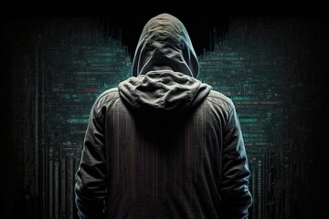 Fototapeta na wymiar hacker front of his computer committing digital cybercrime, back view. 