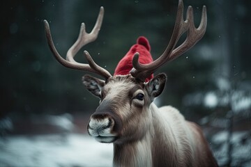A majestic male deer stands in a snowy winter forest with a red cap on his head, surrounded by pristine nature.
