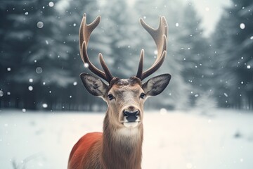 In the midst of a winter landscape, a red deer stands in a virgin forest, surrounded by the beauty of nature.