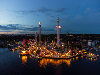 Evening aerial view of an amusement park in Stockholm, during summer.