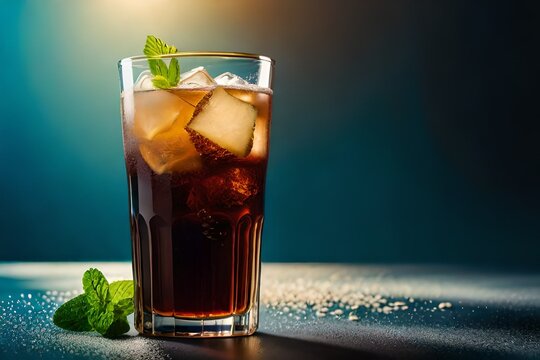 freshing cola mint with ice cube in the transparent glass with transparent black and blue bakground 