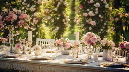 Fototapeta Nakrycie stołów weselnych w ogrodzie - dekoracja bukietami różowych róż i świecami. Inspiracja, aranżacja dekoratorki i florystki obraz