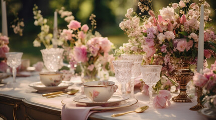 Fototapeta na wymiar Porcelanowa i kryształowa zastawa - dekoracja stołu weselnego w ogrodzie. Różowe piękne bukiety kwiatów na stoliku