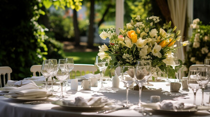Fototapeta na wymiar Dekoracja stołu - inspiracje dekoratora. Weselny stół w ogrodzie. Kremowe i pomarańczowe kwiaty w wazonie. Zastawa stołowa dla gości