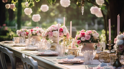 Pięknie udekorowany stół w ogrodzie - wesele, ślub, przyjęcie. Aranżacja dekoratora i florysty. Wazony z różowymi kwiatami, świece i zastawa stołowa - obrazy, fototapety, plakaty