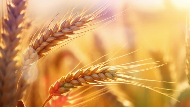 A golden wheat field in the at sunset. Nature landscape concept. Countryside. Close-up. Blurred background