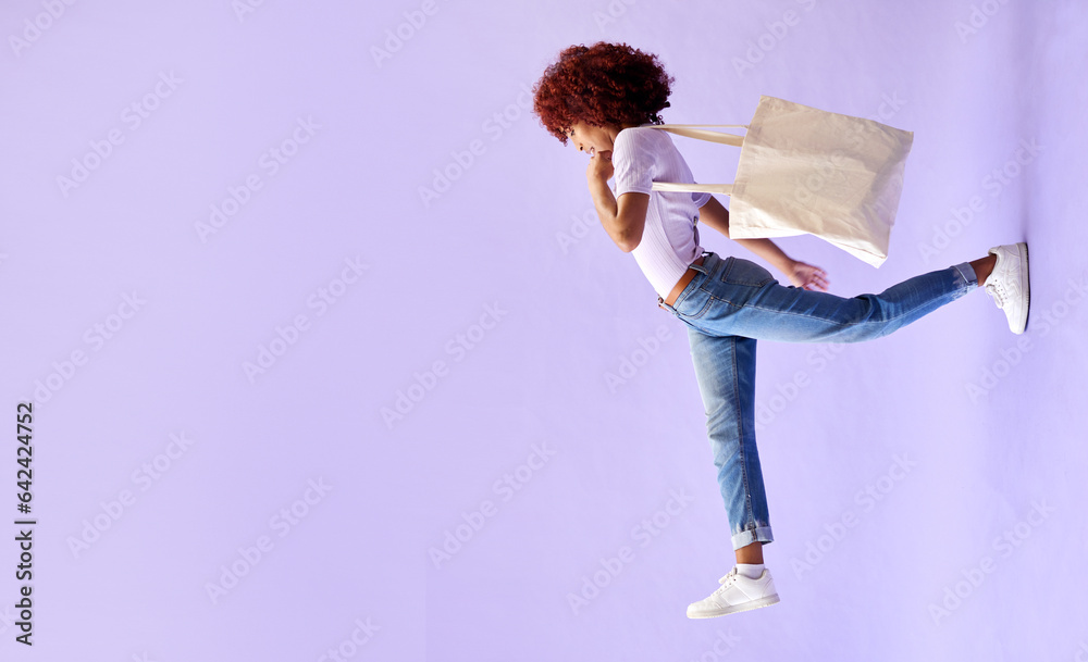 Wall mural fashion, shopping and a woman walking on mockup in studio on a purple background for advertising. re