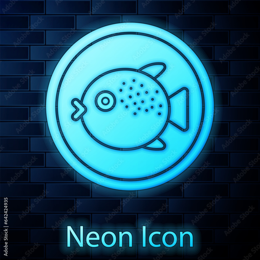 Canvas Prints glowing neon puffer fish on a plate icon isolated on brick wall background. fugu fish japanese puffe