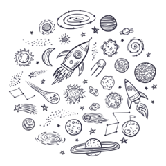 Foto auf Acrylglas Vector circular pattern of space objects and symbols drawn by hand in the style of doodles © Abundzu