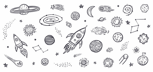 Vector set of space objects and symbols drawn by hand in the style of doodles