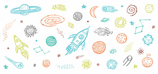 Vector set of space objects and symbols drawn by hand in the style of doodles