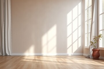 white empty room with wooden floor and sun light cast shadow on the wall. generative ai.
