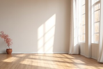 Fototapeta na wymiar white empty room with wooden floor and sun light cast shadow on the wall. generative ai.