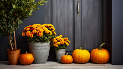 House front porch with autumn season decorations - pumpkins and flowers