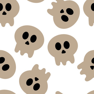 Seamless Halloween pattern with cartoon skull and halloween elements. white background cute halloween wallpaper for holiday theme, gift wrapping paper