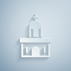 Paper cut Church building icon isolated on grey background. Christian Church. Religion of church. Paper art style. Vector