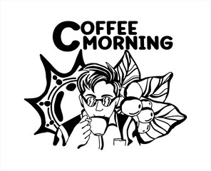 vector illustration of a man drinking coffee, with a background of coffee leaves and the morning sun, line art