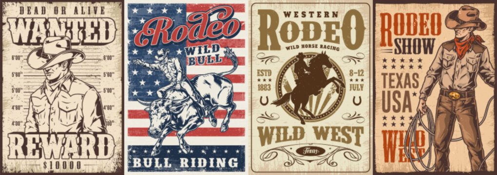 Rodeo events colorful set flyers