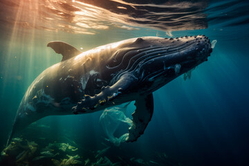 A humpback whale swimming underwater among plastic bags.Plastic pollution in ocean problem.