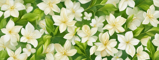 White jasmine flowers, floral wallpaper. Generative AI.	