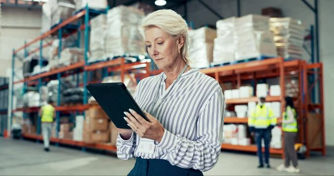 Woman, warehouse and tablet for logistics, e commerce and stock inventory or industrial management. Professional supplier or manager on digital technology for factory, shipping boxes and package data