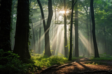 Fototapeta na wymiar Luminous Forest: Sun Rays Piercing Through Canopy