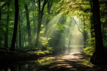 Luminous Forest: Sun Rays Piercing Through Canopy