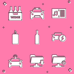 Set Bottles of wine in box, Police car and flasher, Music book with note, Burning candle, and Electric icon. Vector