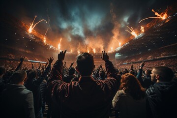 Fototapeta na wymiar Fußball Fans feiern ihre Mannschaft bei der Europameisterschaft, Weltmeisterschaft im Stadion, Feuerwerk und jubelnde Zuschaue