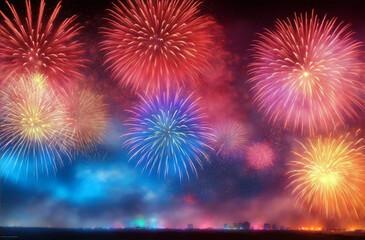 Fototapeta na wymiar Colorful fireworks display background with copy space for your text