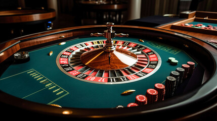 Table for table gambling roulette in a casino. Game business of chance and luck. AI generated.