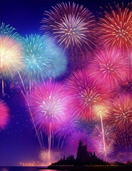 Fototapeta premium Colorful fireworks display background with copy space for your text