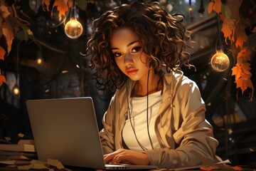 portrait of brunette girl with curly hair with notebook