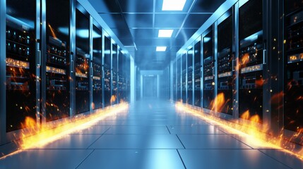 White and blue firewall activated on server room data center 3D rendering