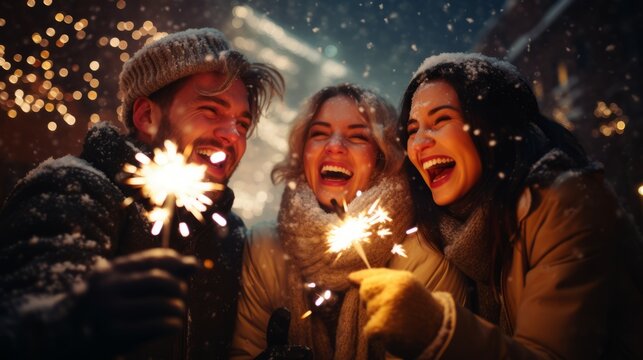 Winter Holidays And People Concept - Happy Friends With Sparklers Celebrating Christmas At Home On Snow