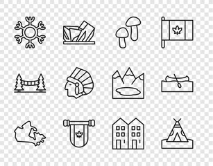 Set line Canada map, Indian teepee or wigwam, Mushroom, Pennant, Snowflake, Native American, House and Kayak canoe icon. Vector