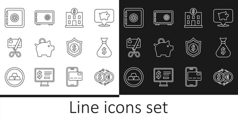 Set line Money exchange, bag, Bank building, Piggy bank, Scissors cutting credit card, Safe, Shield with dollar and icon. Vector