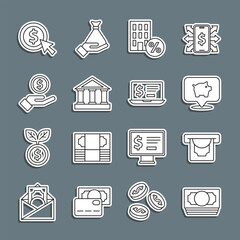 Set line Stacks paper money cash, ATM and, Piggy bank, House with percant discount, Bank building, Hand giving, Coin dollar and Laptop icon. Vector