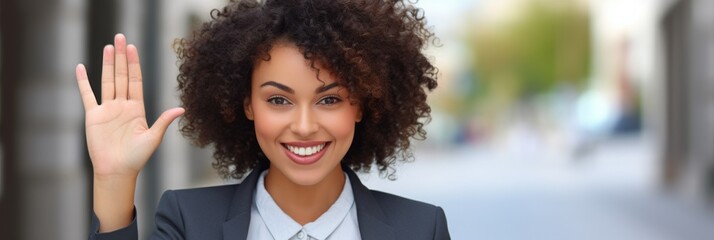 Young african american girl wearing business clothes inviting to enter smiling natural with open hand - Powered by Adobe