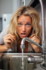 Fototapeta na wymiar Funny exhausted family woman is fixing the faucet in the sink. Generative AI