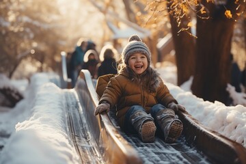 little boy on children's winter slides