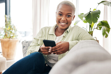 Woman, portrait and smile with phone on couch for social media post, search tech contact or...