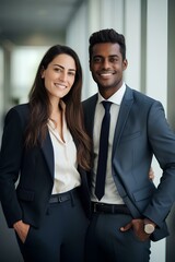 Happy confident international business team two Indian and American coworkers executive leaders standing in office. Smiling diverse workers in office hallway. generative AI