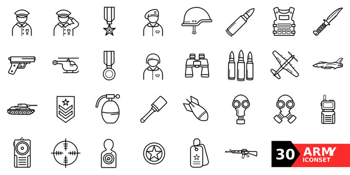 Army, military, defense - set of 30 icons. Big collection of linear icons