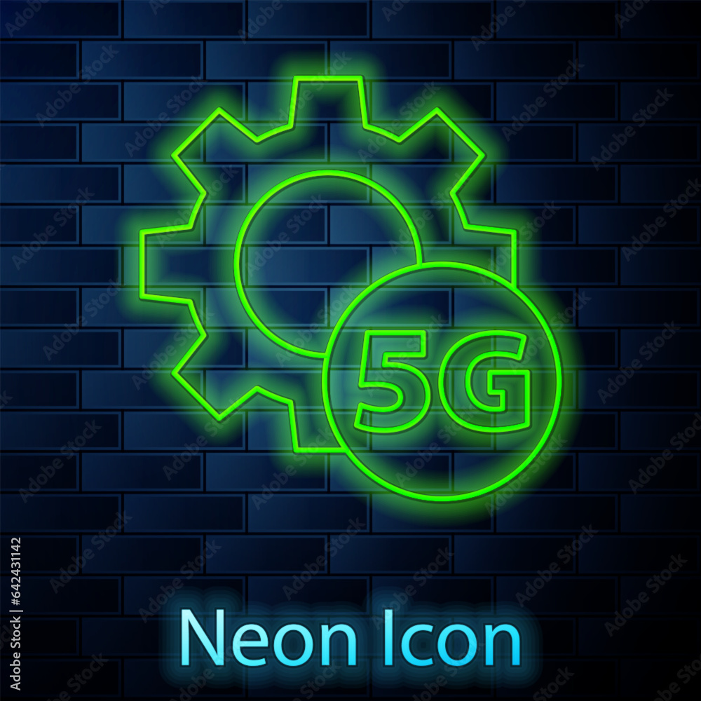 Poster Glowing neon line Setting 5G new wireless internet wifi connection icon isolated on brick wall background. Global network high speed connection data rate technology. Vector