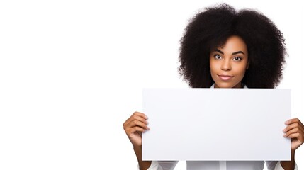 A beautiful black woman holding blank poster, an empty space for adding text, isolated on white background. Created with Generative Ai technology.