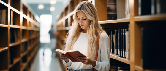 -Focused Blonde Student in University Library - College Course Research-
