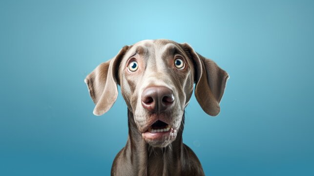 Close up humorous portrait of funny face of cute surprised Weimaraner with opened mouth, eyes wide open, front view face. Blue background with copy space. Minimal concept of scared and frightened  dog
